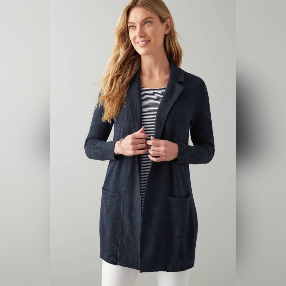 J. Jill Navy Blue Textured Knit 1-Button Cardigan Jacket with Pockets Size MP